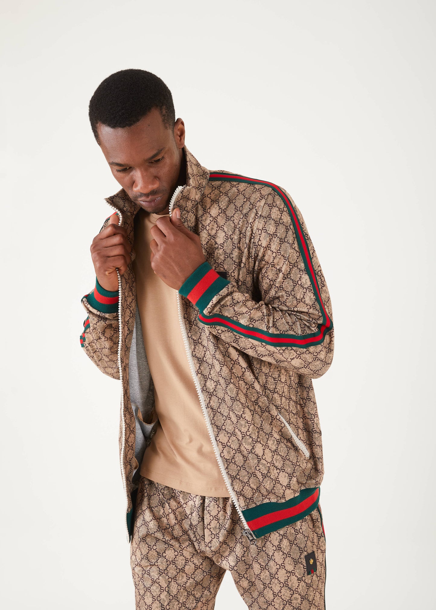 Men's Khaki Zip Up Sweat Suit | SETS