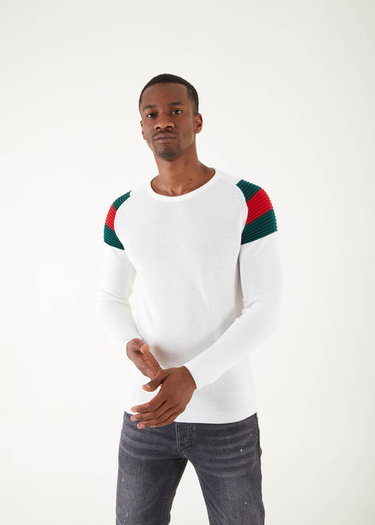 Men's Slim Fit White Sweater |  Green & Red Shoulder Pads