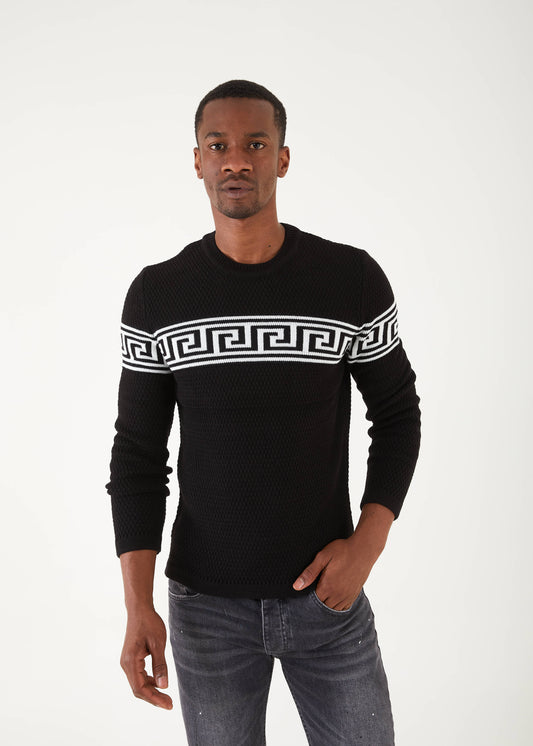 Men's Slim Fit Black Sweater | White Meander Print