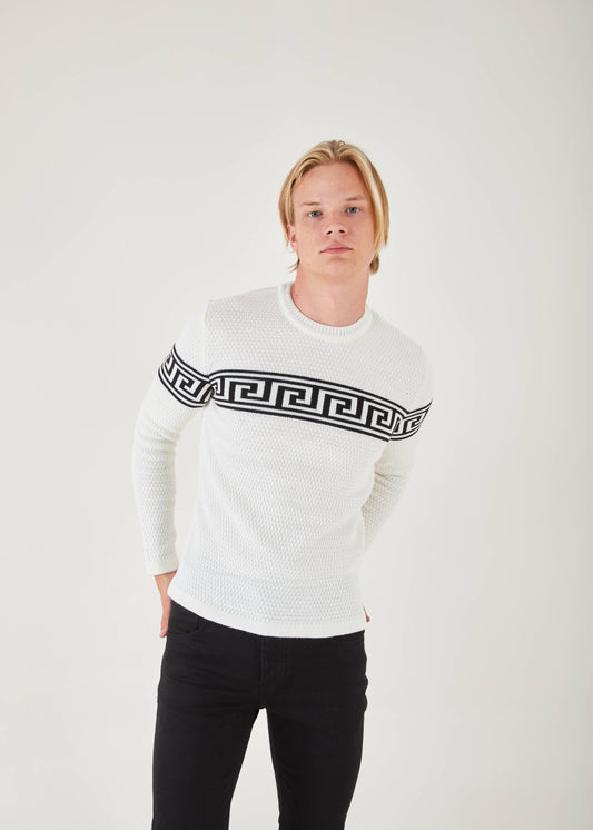 Men's Slim Fit White Sweater | Black Meander Print