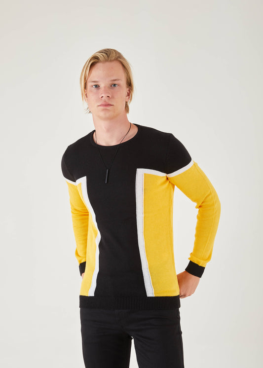 Men's Slim Fit Yellow Sweater | Black Stripe