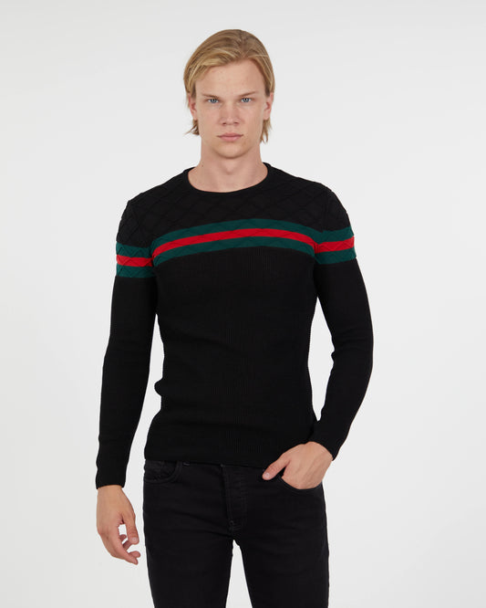 Men's Slim Fit Black Sweater | Red & Green Stripe