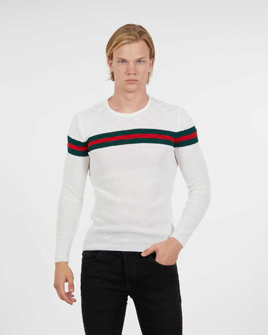 Men's Slim Fit White Sweater | Red & Green Stripe