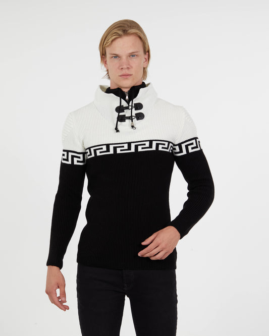 Men's Black & White Pullover Sweater | Meander Print