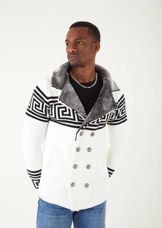 Men's White with Black Long Sweaters | Fur Collar