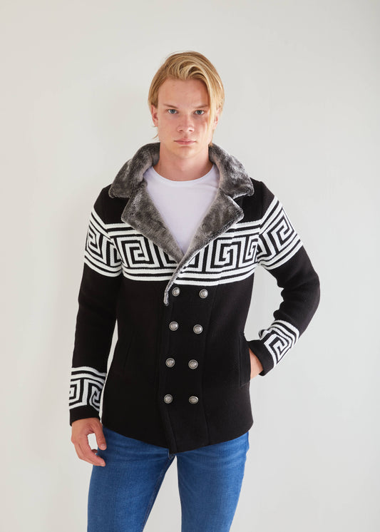 Men's Black with White Long Sweaters | Fur Collar