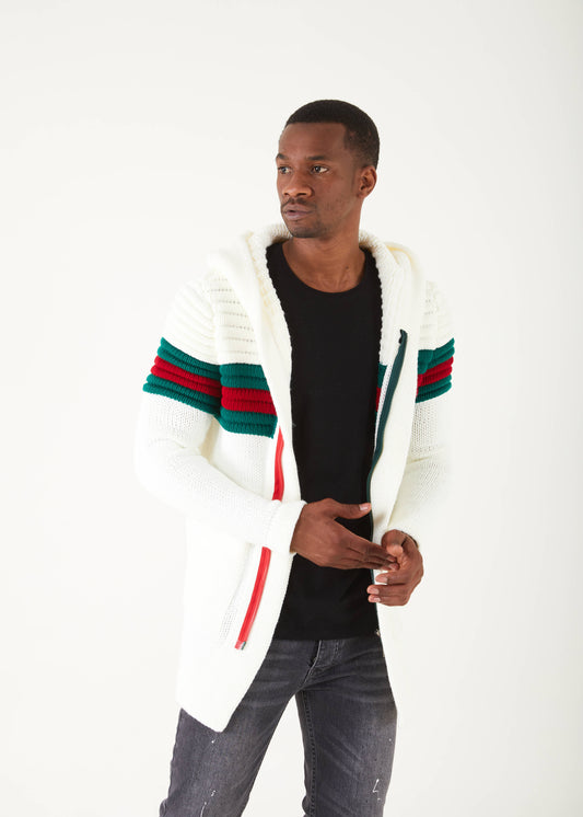 Men's White with Green & Red Stripe Long Sweaters | Hoodie