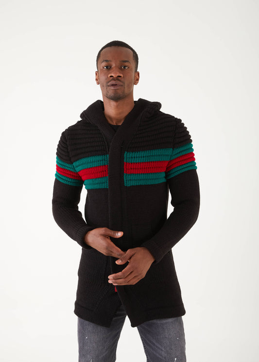 Men's Black with Green & Red Stripe Long Sweaters | Hoodie