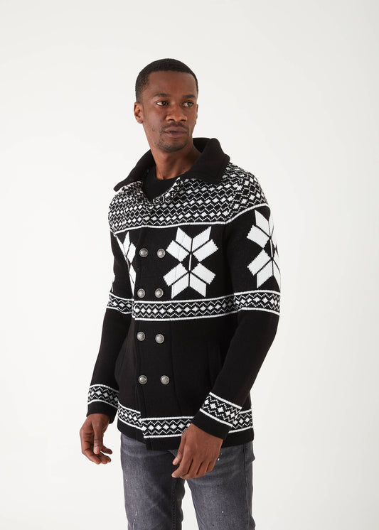 Men's Black Patch Long Sweaters | Fur Collar