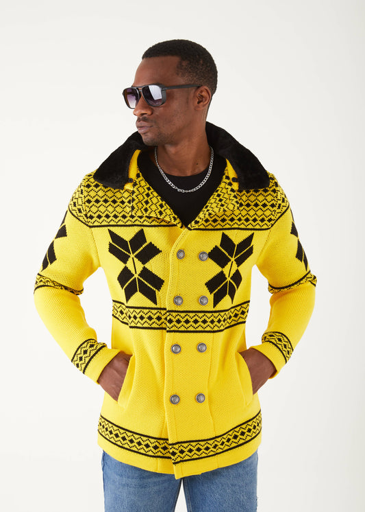 Men's Yellow Patch Long Sweaters | Fur Collar