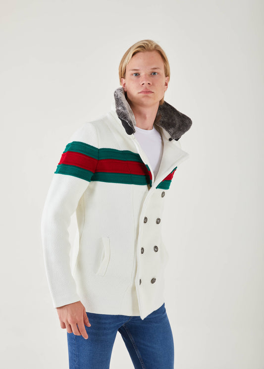 Men's White with Green & Red Stripe Long Sweaters | Fur Collar