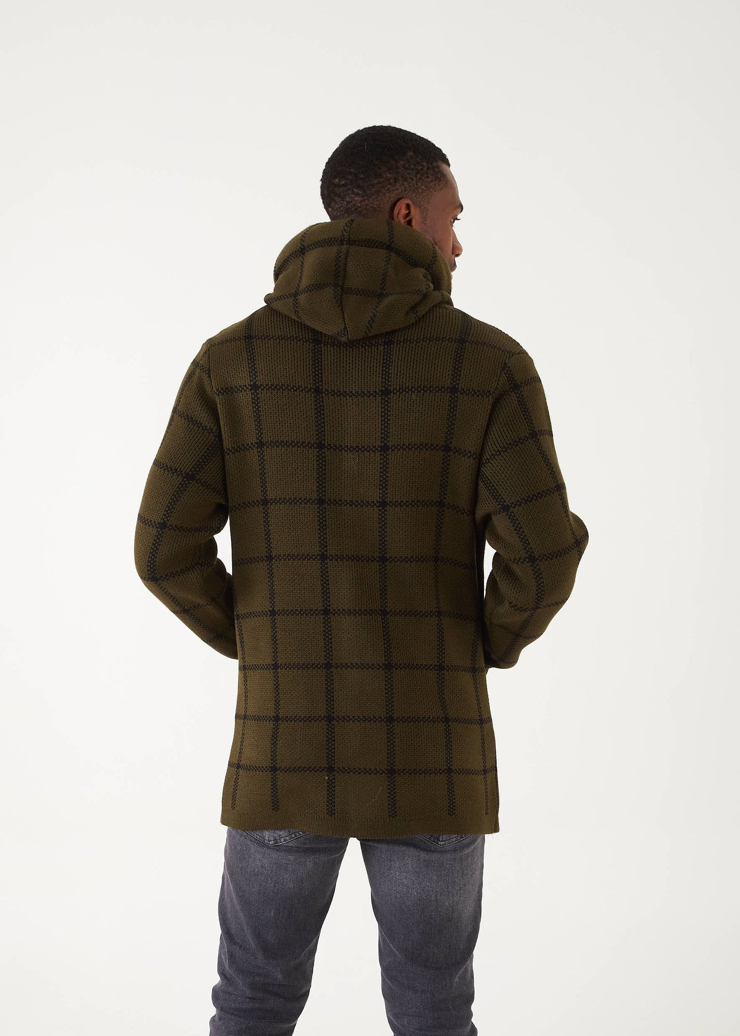 Men's Olive Plaid Long Sweaters | Fur Hoodie