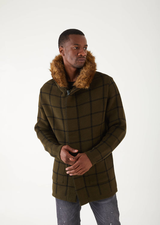 Men's Olive Plaid Long Sweaters | Fur Hoodie