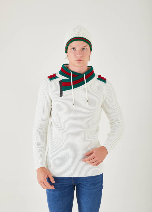 Men's White Pullover Sweater | Green & Red Stripe Collar