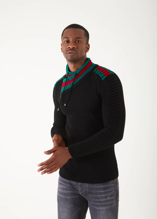 Men's Black Pullover Sweater | Green & Red Stripe Collar