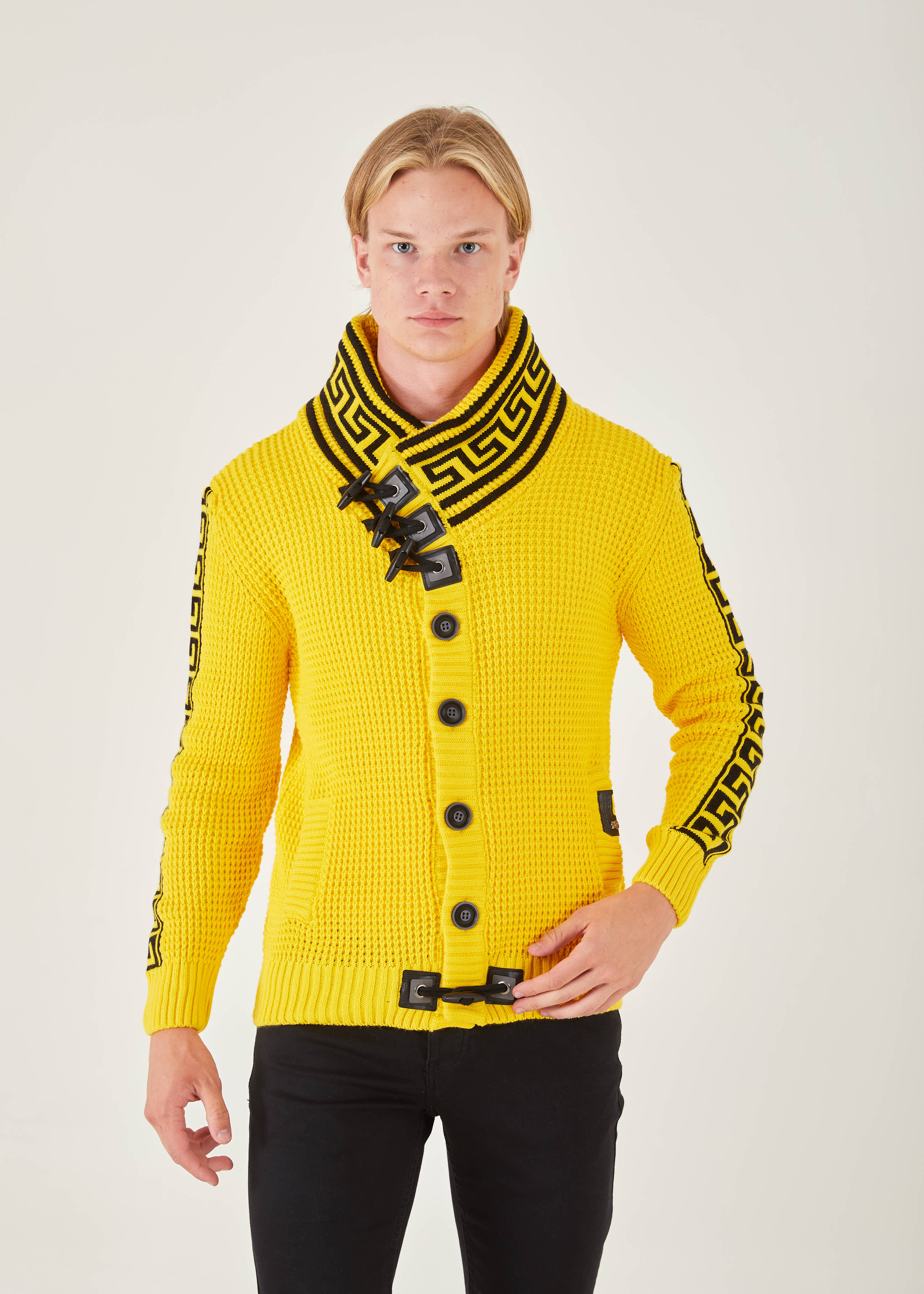 Men s Yellow Button Up Sweater Meander Print Lagosred1