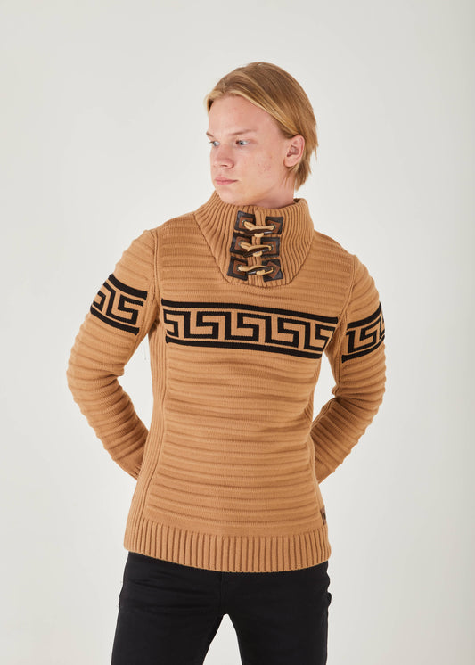 Men's Khaki Stripe Pullover Sweater | Meander Print