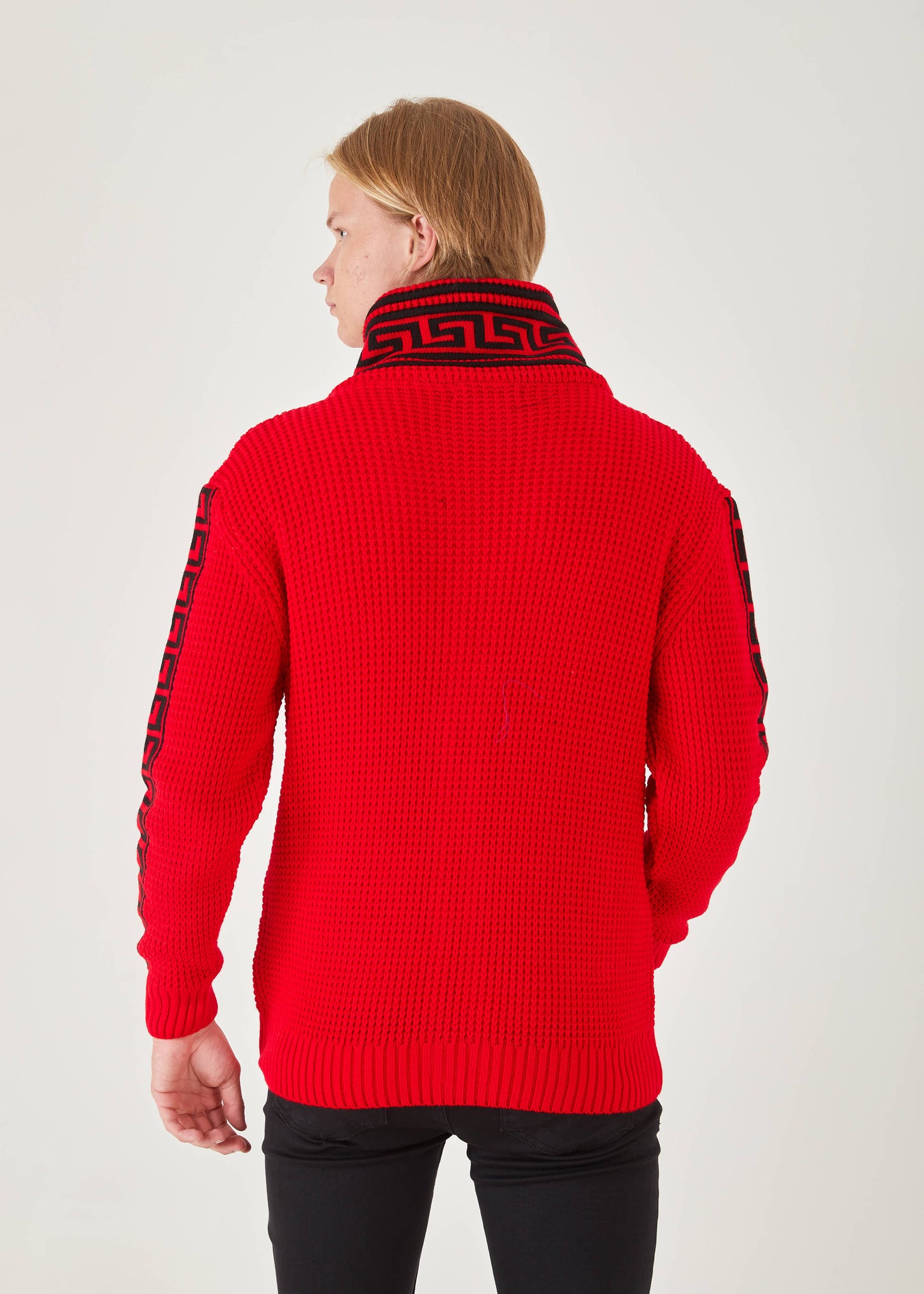 Men's Red Button Up Sweater | Meander Print