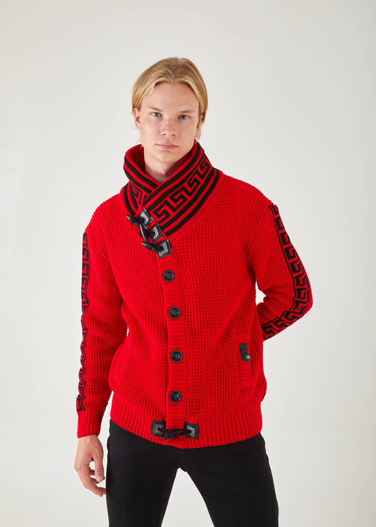 Men's Red Button Up Sweater | Meander Print