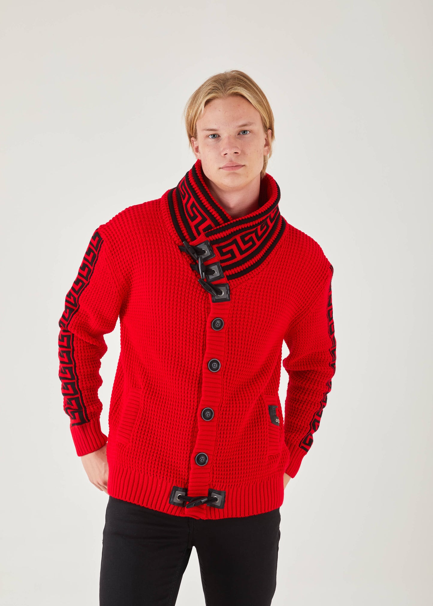 Men's Red Button Up Sweater | Meander Print